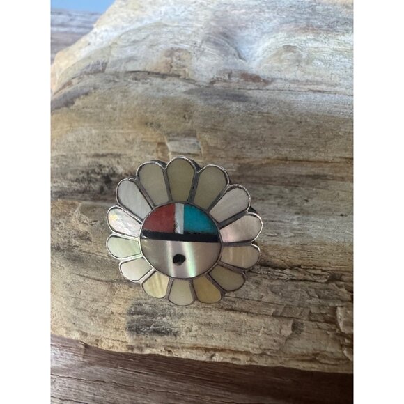Vintage Zuni Inlay Turquoise Coral Sunface Sterling Silver Ring - Picture 4 of 10